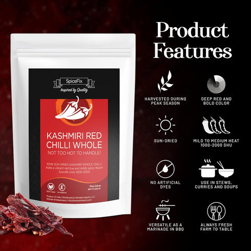 SpiceFix - Whole Kashmiri Red Chilli Pepper, Mild to Medium Heat Natural Stemless Chillies, Sun-Dried Red Pepper, Indian Dried Chili Peppers in a ...