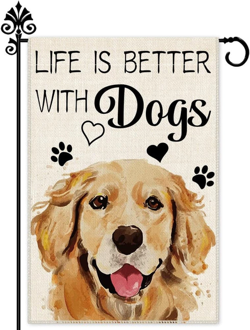 Life is Better with Dogs Golden Retriever Garden Flag, 12 x 18 Inch Double Sided Holiday Yard Outdoor Farmhouse Flag, Garden Flag with Dog, Dog Lo...