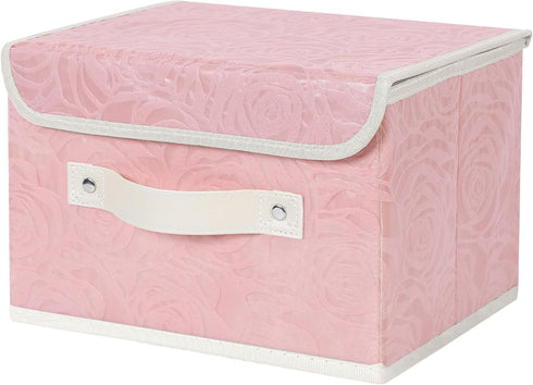 ANMINY Fabric Storage Bin with Lid Rose Print Storage Box Basket with PU Leather Handles Washable PP Plastic Board Decorative Foldable Lidded Shel...