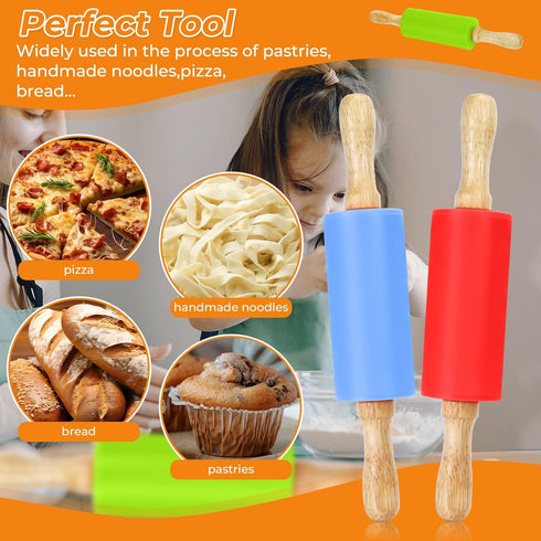 4 Pack Mini Rolling Pin for Kids, 9 Inch Wooden Handle Rolling Pin Non-Stick Silicone Rolling Pins for Children Cake Baking...