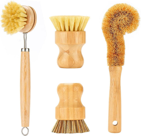 Bamboo Dish Brushes Sets 4 Tools in One Kitchen Clean Dish Scrubber for Pots Pans Bottles with Natural Bristles (Bamboo Brushes Sets)...