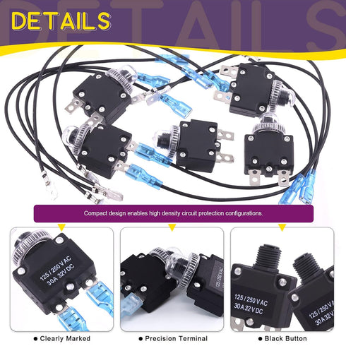 Swpeet 20Pcs 30Amp Thermal Circuit Breaker with 19cm 6.3mm Female Spade Terminals Wire Leads and Waterproof Button Caps Kit, Waterproof Push Butto...