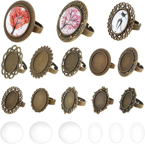 SUNNYCLUE 10 Sets Cabochon Ring Blanks Cabochon Ring Setting Adjustable Ring Settings Oval Adjustable Ring Blank Finger Ring Blanks Glass Cabochon...