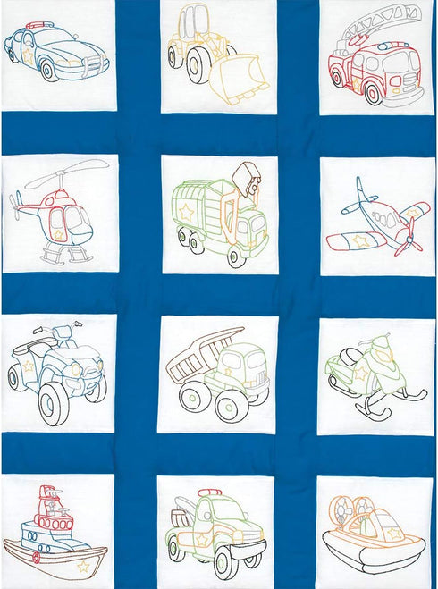 Jack Dempsey JDN737.745 Quilt Blocks 9" Rescue Vehicles 12Pc Quilt Blocks 9" Rescue Vehicles , White...