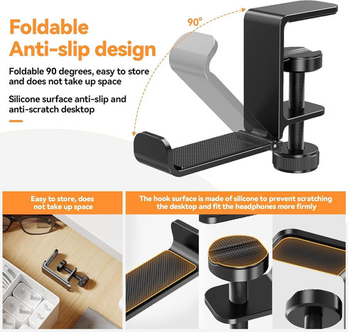 Headphone Hanger Holder Stand -Under Desk Headphone Hanger? Headset Hook Holder with Foldable?Space-Saving Aluminum Stand with Universal Fit for G...
