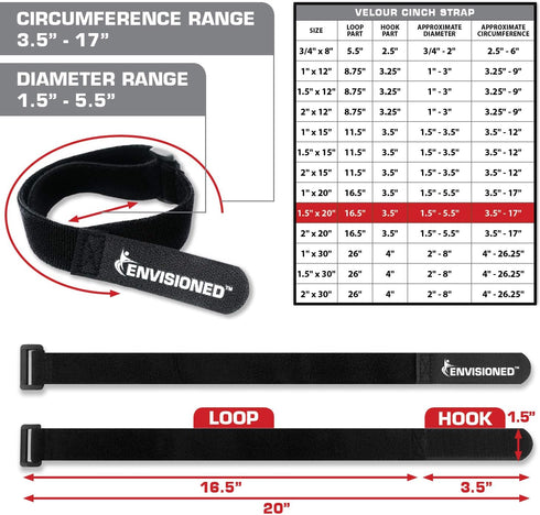 Velour Cinch Straps 1.5" x 20" - 6 Pack, Soft Touch Microfiber Reusable Hook and Loop - Plus 2 Free Bonus Reusable Cable Ties...