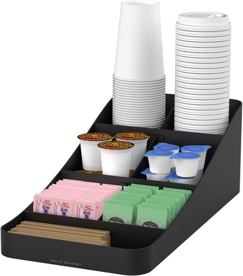 Mind Reader Cup and Condiment Station, Countertop Organizer, Coffee Bar, Kitchen, Stirrers, 7.25"L x 15.5"W x 5.25"H, Black...