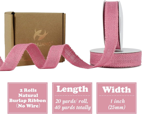 HUIHUANG Pink Burlap Ribbon 1 inch x 20 Yards Natural Jute Burlap Ribbon for Gift Wrapping Thick Burlap Ribbons for Baby Shower Decor Crafts Chris...