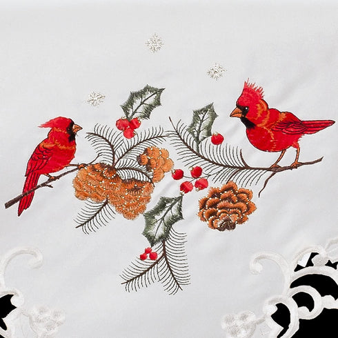 Embroidered Christmas Red Cardinals and Pine Cones on Ivory Table Topper, Small Tablecloth (33 Inch Square)...