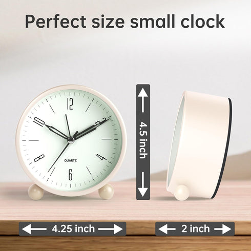 Analog Alarm Clock, 4 inch Super Silent Non Ticking Small Clock with Night Light, Battery Operated, Simple Design, Old Fashioned Style Cream Decor...