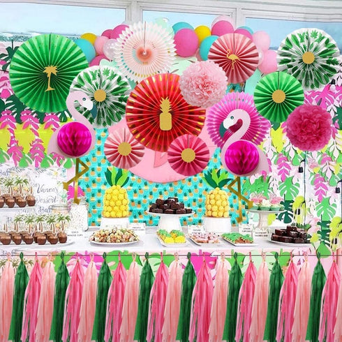 KAXIXI Tropical Flamingo Party Supplies, Pink Honeycomb Balls Hanging Paper Fans Pom Poms Flowers Tissue Tassels for Birthday Baby Shower Decorati...
