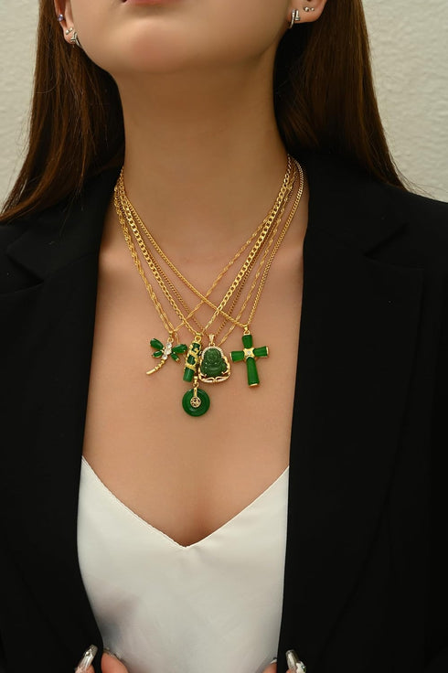 5Pcs Green Jade Buddha Pendant Necklace Set 18K Gold Plated Zircon Chain Lucky Buddha Necklace for Women Cross Dragon Dragonfly Round Pendant Neck...