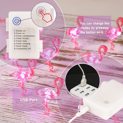 Pink Flamingo String Lights Battery Operated with Remote Fairy Lights 10ft 30LEDs USB Plug in Summer Tropic Themed Flamingo Decor Lights for Home ...
