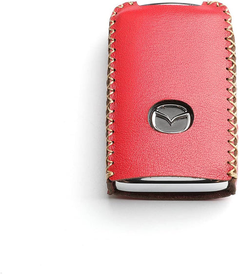 Leather for Mazda 3 Hatchback CX-5 CX-30 CX-9 Remote Smart 4 Buttons Key Case Holder Cover Fob Chain (Red)...
