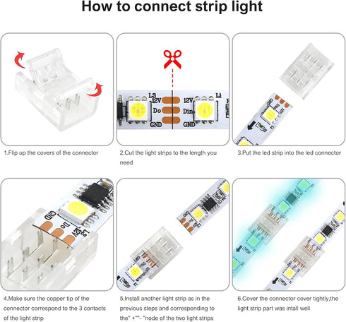 VIPMOON 12Pcs 3Pin LED Strip Light Connectors Strip to Strip Quick Connection for 10mm Wide Waterproof or Non-Waterproof WS2811 WS2812B Gapless So...