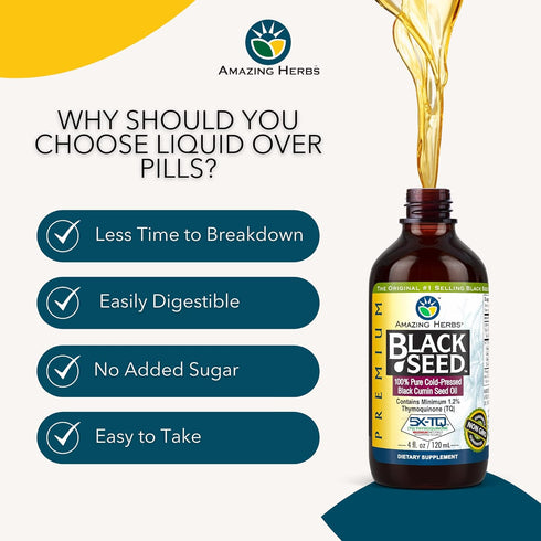 Amazing Herbs Premium Black Seed Oil - Cold Pressed Nigella Sativa Aids in Digestive Health, Immune Support, Brain Function, Joint Mobility, Glute...