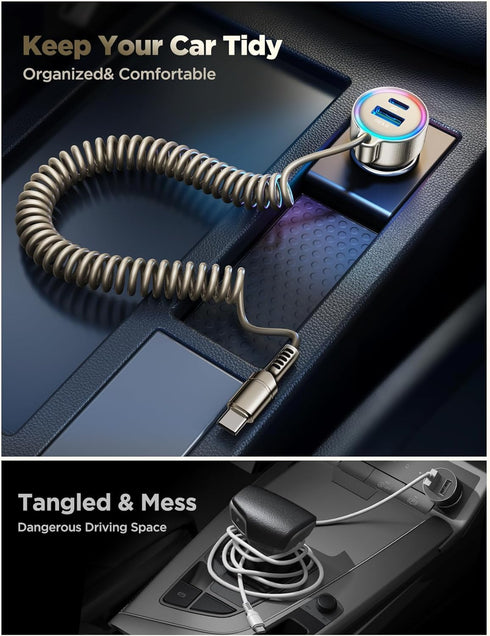USB C 60W Super Fast Car Charger PD& QC3.0 with 5ft 30W Type C Coiled Cable, Car Phone Charger Adapter for iPhone 15 Pro Max Plus, Samsung Galaxy ...