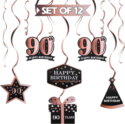 LINGTEER Happy 90th Birthday Decorations - 12 Pcs Birthday Black & Rose Gold Foil Swirls Streamer Set,Cheers to Ninety Years Old Bday Party Gift D...