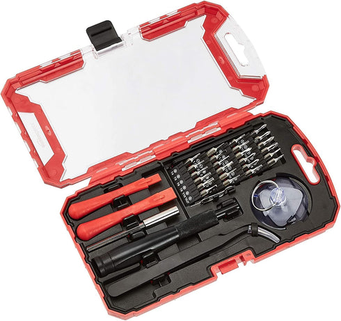 Amazon Basics Electronics Repair Screwdriver Set, Set of 32 Pieces, Red...