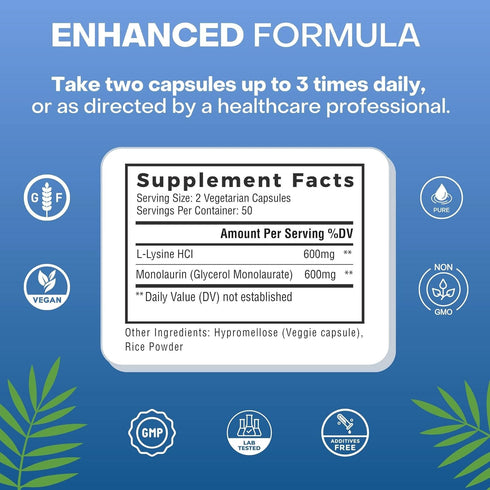 L-Lysine + Monolaurin 600mg 1:1 Ratio, 100 Capsules...