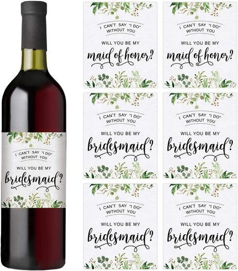 Printed Party Bridesmaid Proposal Wine Bottle Label Gift, Greenery, Set of 8...