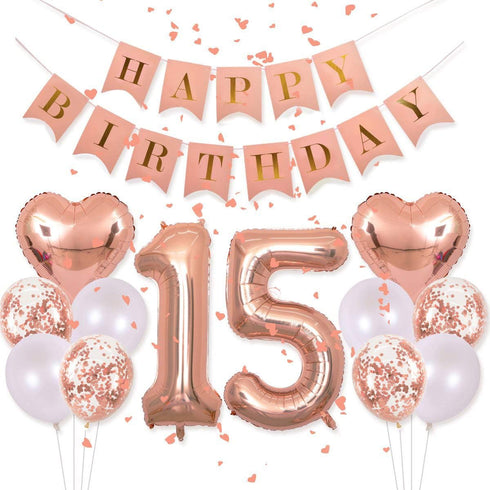 40Inch 15 Balloons Number Birthday Decorations, 15th Birthday Decorations for Girls with Rose Gold Banner Confetti Balloons 1" in Diameter Heart C...