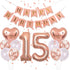 40Inch 15 Balloons Number Birthday Decorations, 15th Birthday Decorations for Girls with Rose Gold Banner Confetti Balloons 1" in Diameter Heart C...