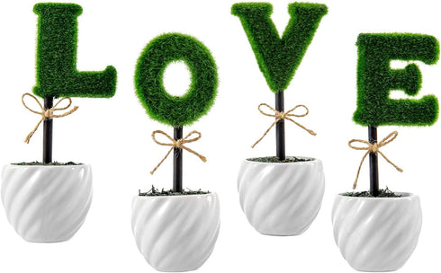 MyGift Decorative L-O-V-E Letter Shaped Small Faux Topiary Trees in White Ceramic Pots, Indoor Artificial Plants Sculpted Love Hedge Gift for Mom,...