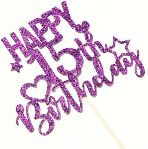 INNORU Purple Glitter Happy 15th Birthday Cake Topper for Cheers to 15 Years - Teenager Children's Birthday Party Cake Decorations...