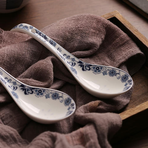 6.75-inch Navy Blue Floral Soup Spoon Set of 4, Porcelain...