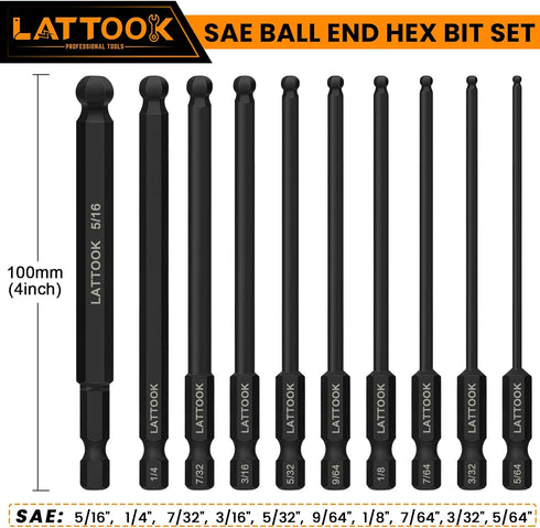 Ball End Hex Head Allen Wrench Drill Bit Set (10PCS SAE 5/16” to 5/64”), LATTOOK 10PCS SAE Ball End Hex Bit Set Allen Key Bit Set Hex Key Drill Bi...