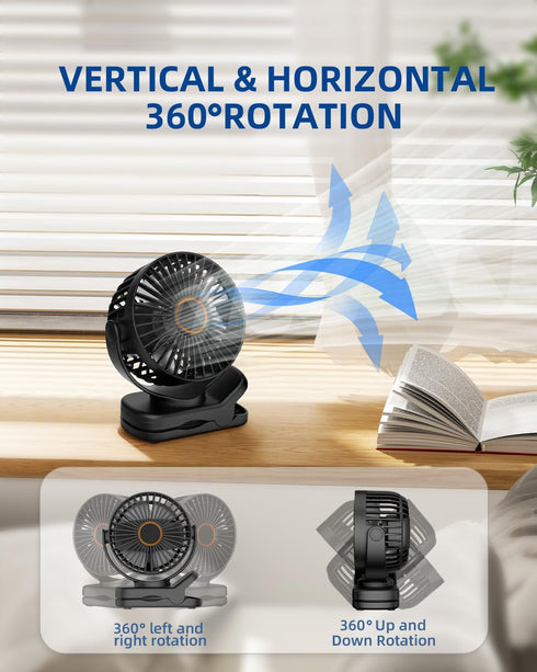 Portable Mini Clip on Fan, 3 Speed Rechargeable Small USB Desk Fan with Strong Airflow, Battery Operated Personal Fan, 360° Rotate Adjustable Tabl...