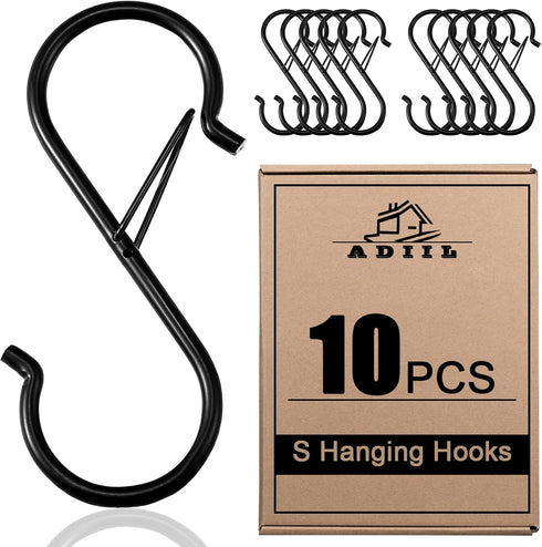 ADIIL 10 Pcs S Hooks for Hanging with Safety Buckle, Heavy Duty Metal S Shaped Closet Hooks for Hanging Plants, Kitchen Utensils, Jeans, Bags, Pot...