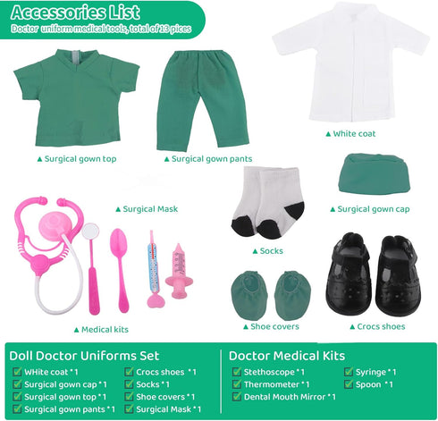 Doll Doctor Outfits and Medical Kit Accessories for 18 Inch Fashion Dolls, includes White Coat, Green Scrubs, Doctor Surgical Gown and Tools Plays...