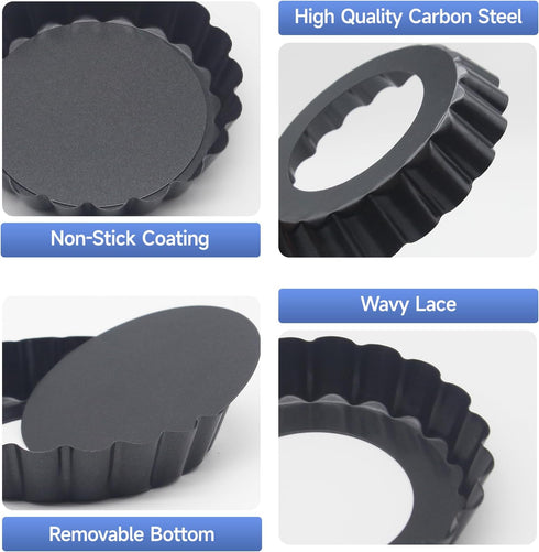 6 Pack Mini Fluted Tart Pans 4 Inch with Removable Bottom, Nonstick Quiche Pan with Silicone Basting Pastry Brushfor Baking Treats, Pie, Quiches, ...