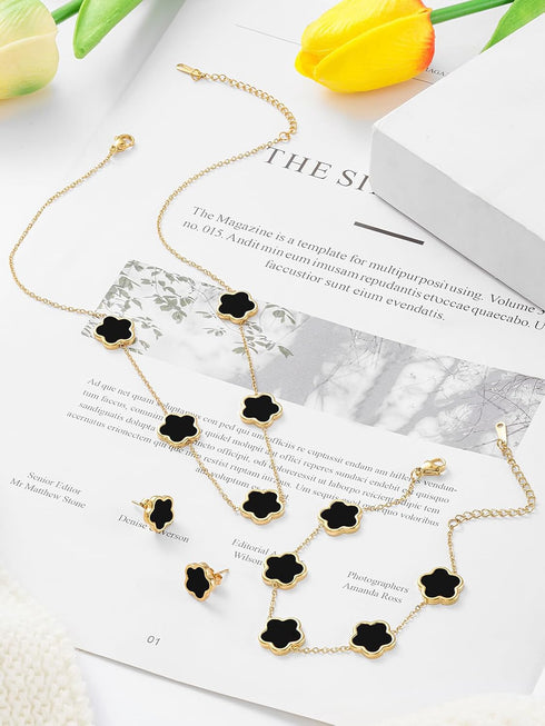 Four Leaf Clover Necklace Bracelet and Stud Earrings Set for Women Lucky Flower 14K Gold Jewelry...