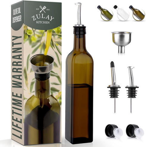 Zulay Kitchen Olive Oil Dispenser Bottle – 17oz Glass Oil Container with Spout, Funnel & Pourer – Dark Brown...