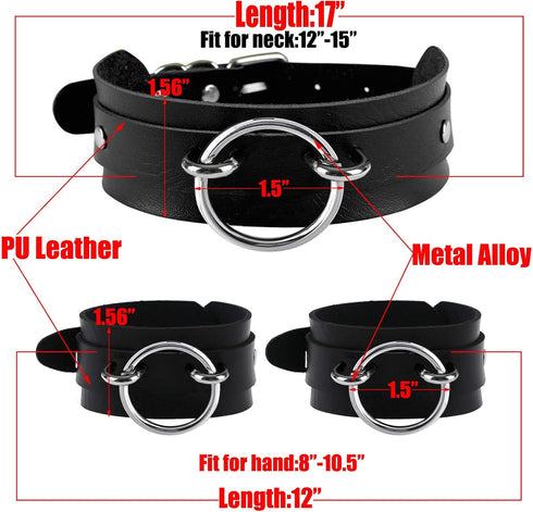 Men's Black Wide Faux Leather Collar Choker Adjustable Thick PU Necklace for Women,Alloy Metal Big Round Ring Charm...