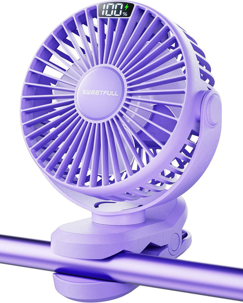 SWEETFULL Portable Clip on Fan - Battery Operated Stroller Fan, 4000mAh Small Rechargeable Fan with LED Display, 4 Speeds, Mini Personal Cooling D...