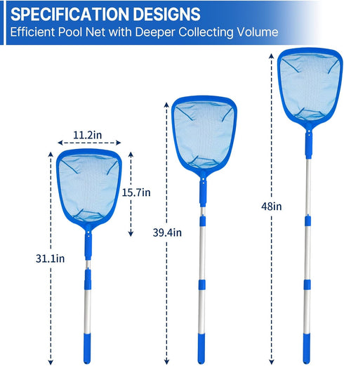 Pool Skimmer - Pool Net with 3 Section Pole, Pool Skimmer Net with Fine Mesh Net, Telescopic Aluminum Pole, Plastic Frame, Ultra-fine Pool Skimmer...