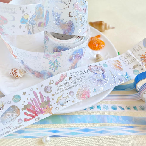 Ocean Washi Tape Set 2+5 Roll, Beach Themed Silver Foil Aesthetic Stickers Scrapbook Tape, Blue Washi Tape for journaling, Junk Journal Supplies, ...