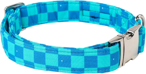 Maca Bates Checkered Mint Blue Dog Grid Collar for Small Dogs Adjustable Plaid Collars Accessories Gift for Small Medium Large XL Puppy with Golde...
