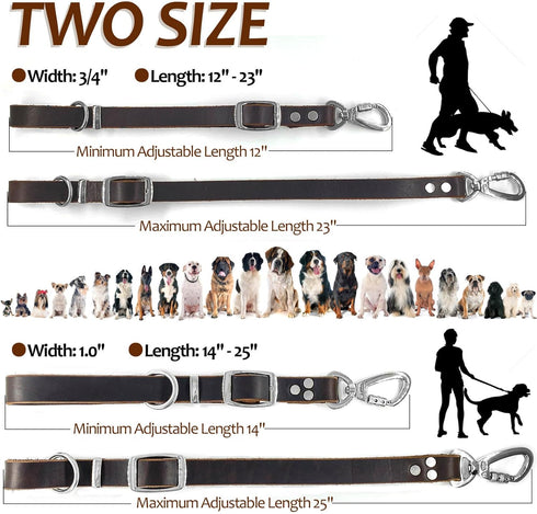 Leather Short Dog Leash,Adjustable Length Dog Leads,Extra Thick Genuine and Heavy-Duty Hardware Handmade Assembled with Extension Function Strong ...