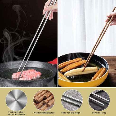 4 Pcs Long Cooking Chopsticks Reusable 15.3 Inch Non-slip Threaded Stainless Steel Chopsticks and 16.5 Inch Natural Wooden Extra Long Chopstick fo...