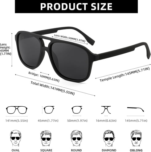 JIM HALO Polarized Aviator Sunglasses Men Women Vintage Square Driving Glasses (Matte Black Frame/Polarized Grey Lens)...
