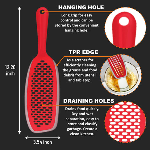 EZ Kitchen Dish Squeegee Kitchen with Silicone Food Strainer Long Grips Non-Slip Scrapers for Pots, Pans, Bowls, and Countertops, 2-Pack, Red...