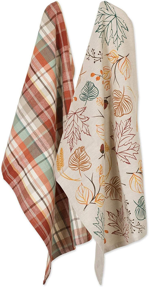 DII Fall Basics Kitchen Dishtowel Collection Printed & Plaid Fall Dish Towel Set, 18x28, Autumn Leaves, 2 Count...