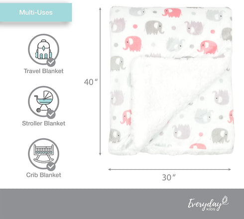 EVERYDAY KIDS Large Ultra Soft Gray and Pink Elephant Minky Baby Blanket for Girls Mink and Sherpa Toddler and Baby Girl Blanket Measures 30 x 40”...