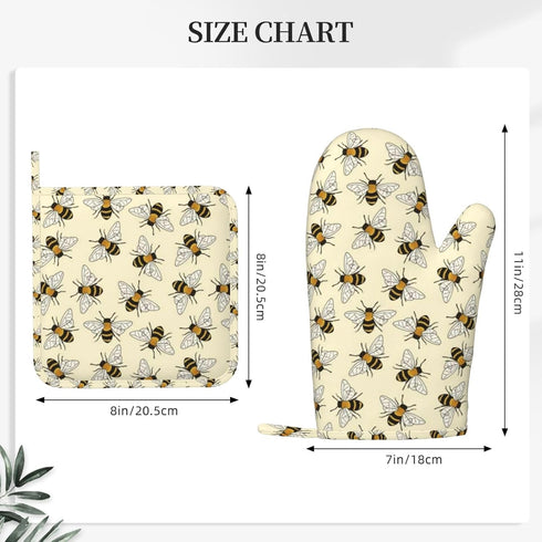Happy Busy Bees Oven Mitts and Pot Holders Sets Silicone Bees Kitchen Mitts Bees Potholders Heat Resistant 4Pcs Bees Oven Gloves Hot Pads for Kitc...