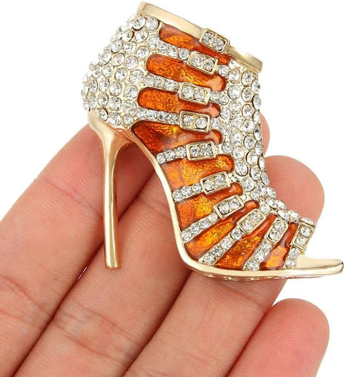 EVER FAITH Austrian Crystal Brown Enamel Sexy High Heel Brooch Pin Clear Gold-Tone...